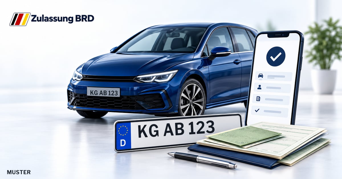 Online Fahrzeugzulassung in Bad Kissingen: Musterkennzeichen KG AB 123, Auto und Fahrzeugpapiere und Smartphone. Illustration mit Logo von Zulassung BRD.